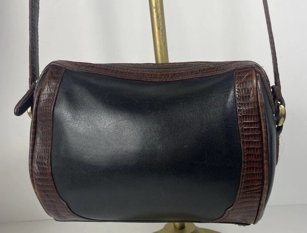 VTG Liz Claiborne Barrel Crossbody Bag Black Leather Faux Brown Croc 80's 90's